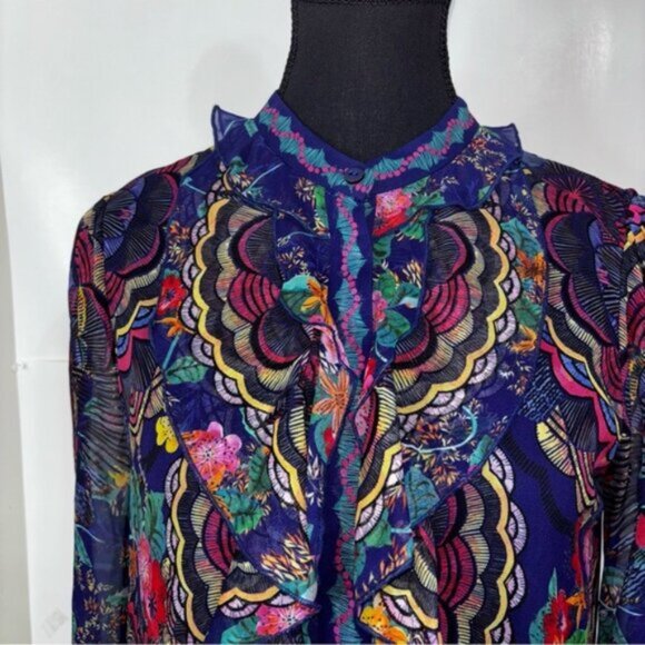 Saloni Floral Women's Dress 4 Silk Lined Full Button Front Chest Ruffle Sheer - Picture 6 of 14